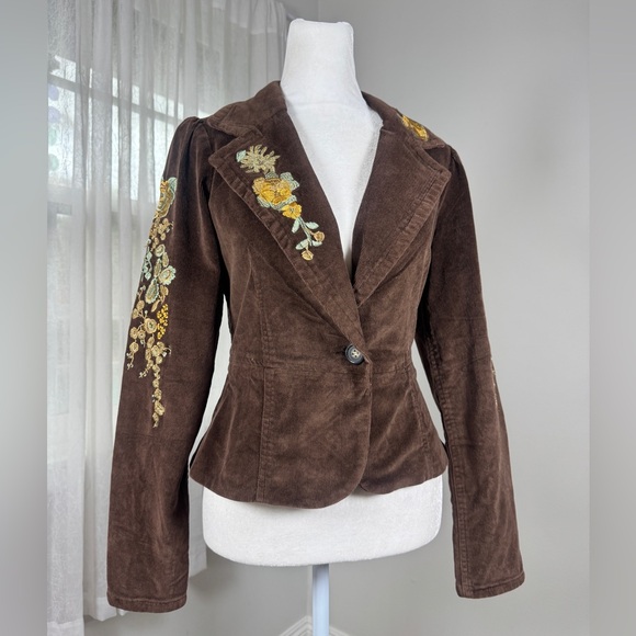 Vintage Y2K TM True Meaning Brown Corduroy Floral Embroidered Cotton Blazer - Picture 5 of 9